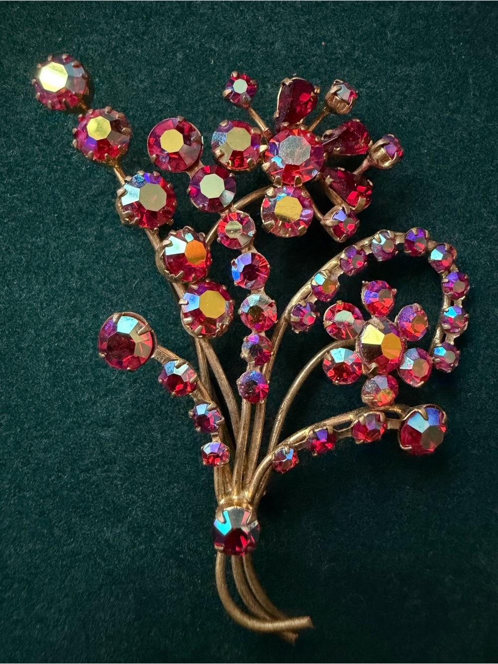 Vtg Red AB Crystal Floral Bouquet Brooch